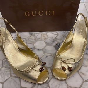 Gold Gucci Slingback Peep Toe Heels